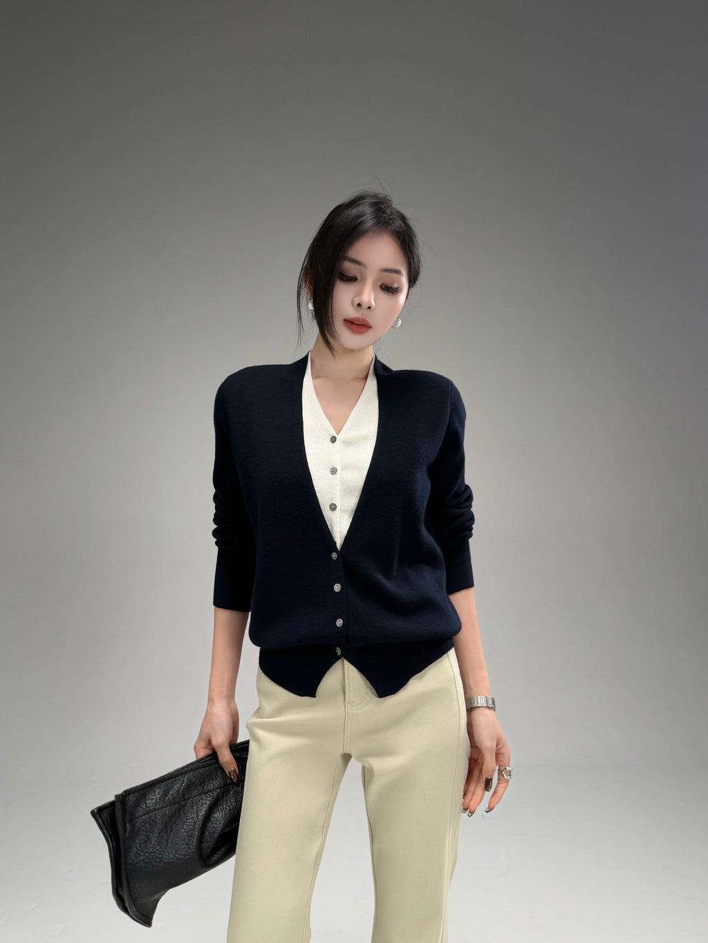 CHUYUQI Contrasting Color Waist Fake Two-piece Knitted Cardigan