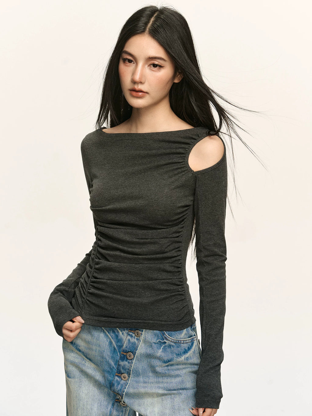 Anna Aneae Hollow Shoulders Waist Thin Long Sleeves