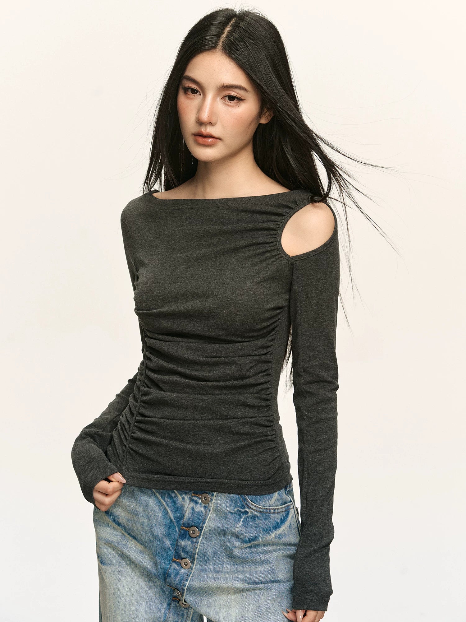 Anna Aneae Hollow Shoulders Waist Thin Long Sleeves