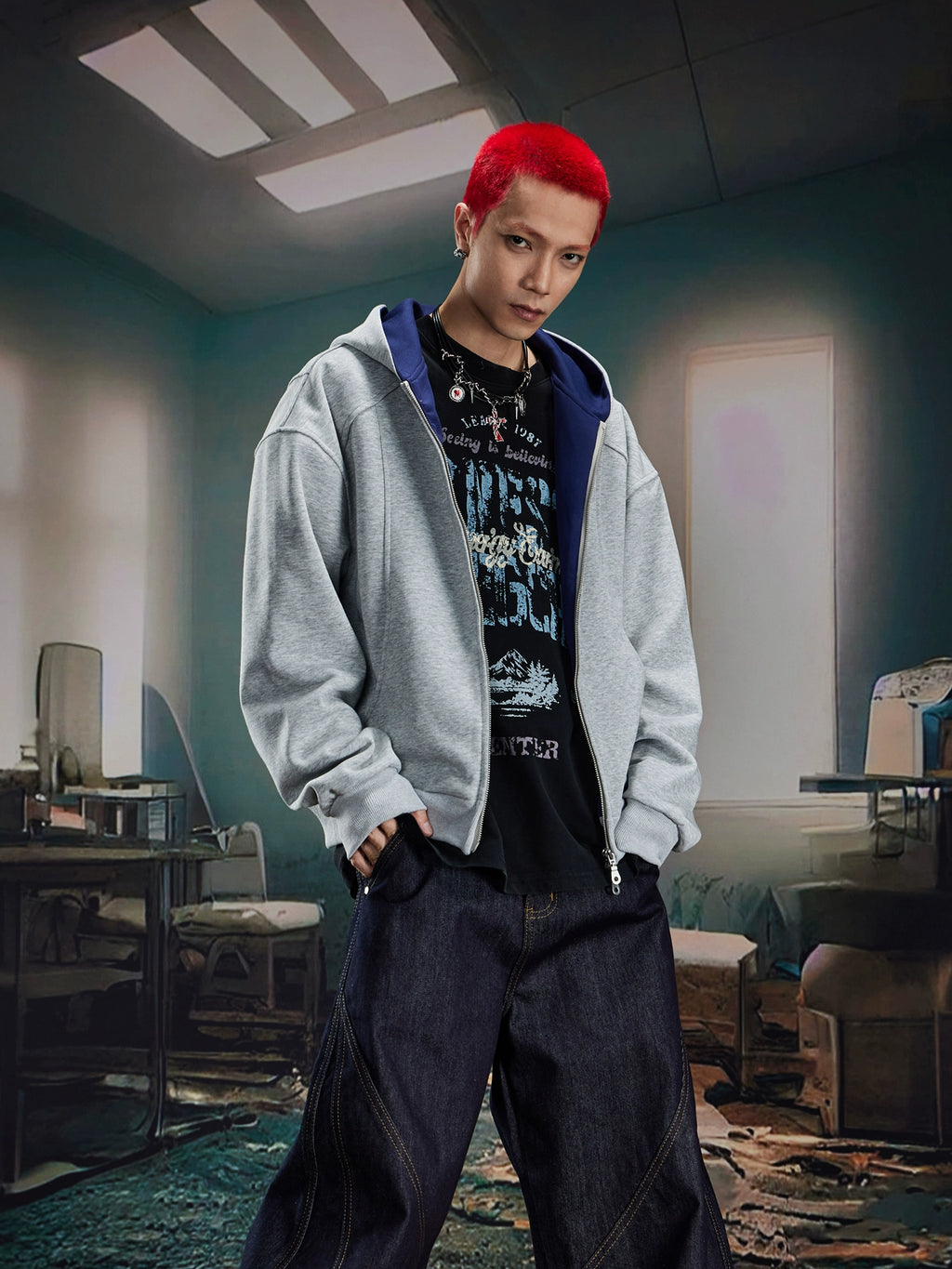 NOMANIAI Simple Casual Splicing Contrasting Color Loose Zipper Knitted Cardigan