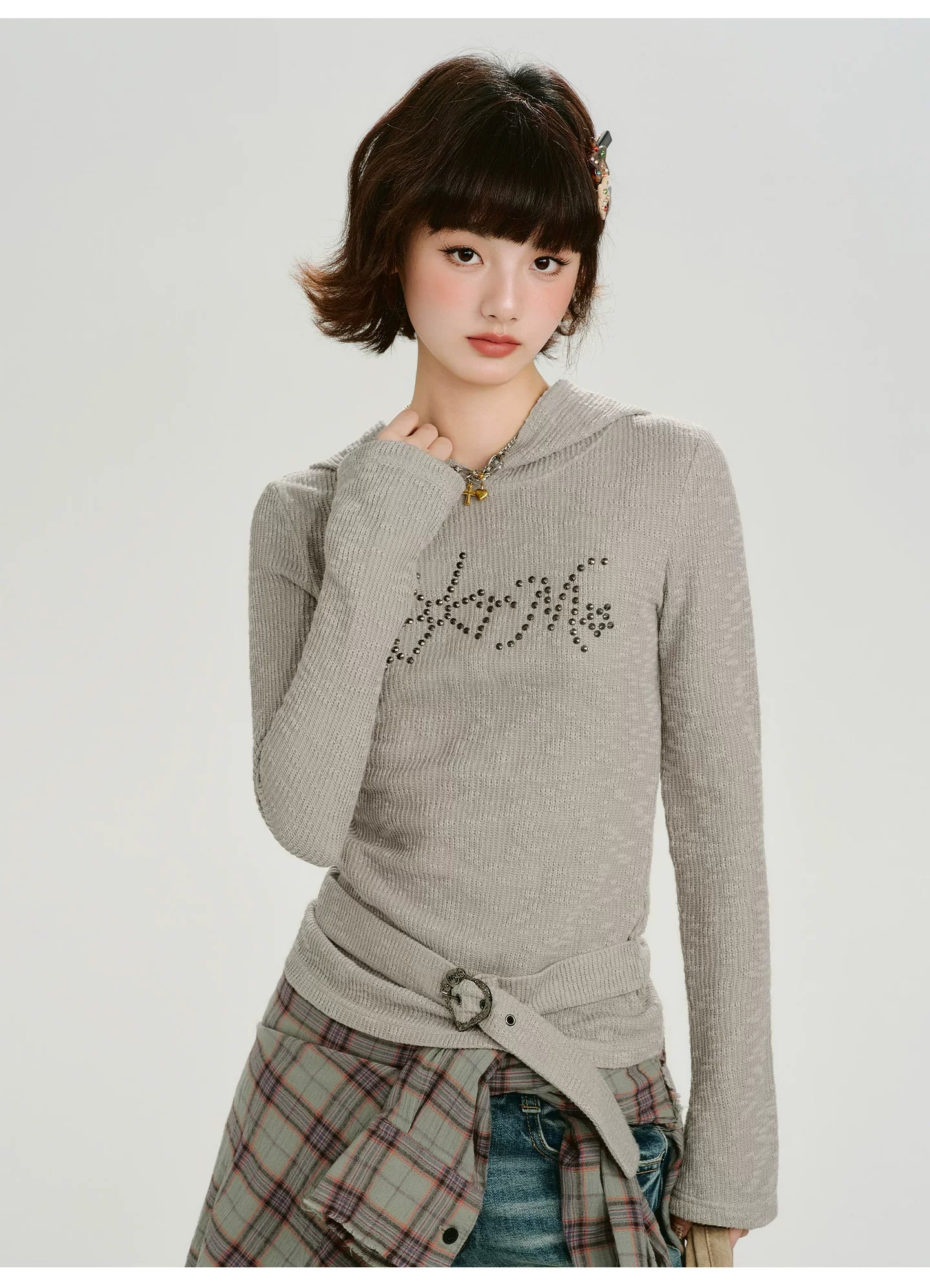 Girlyhalo Vintage Hot Diamond Strap-Up Hooded Knitted Long Sleeve