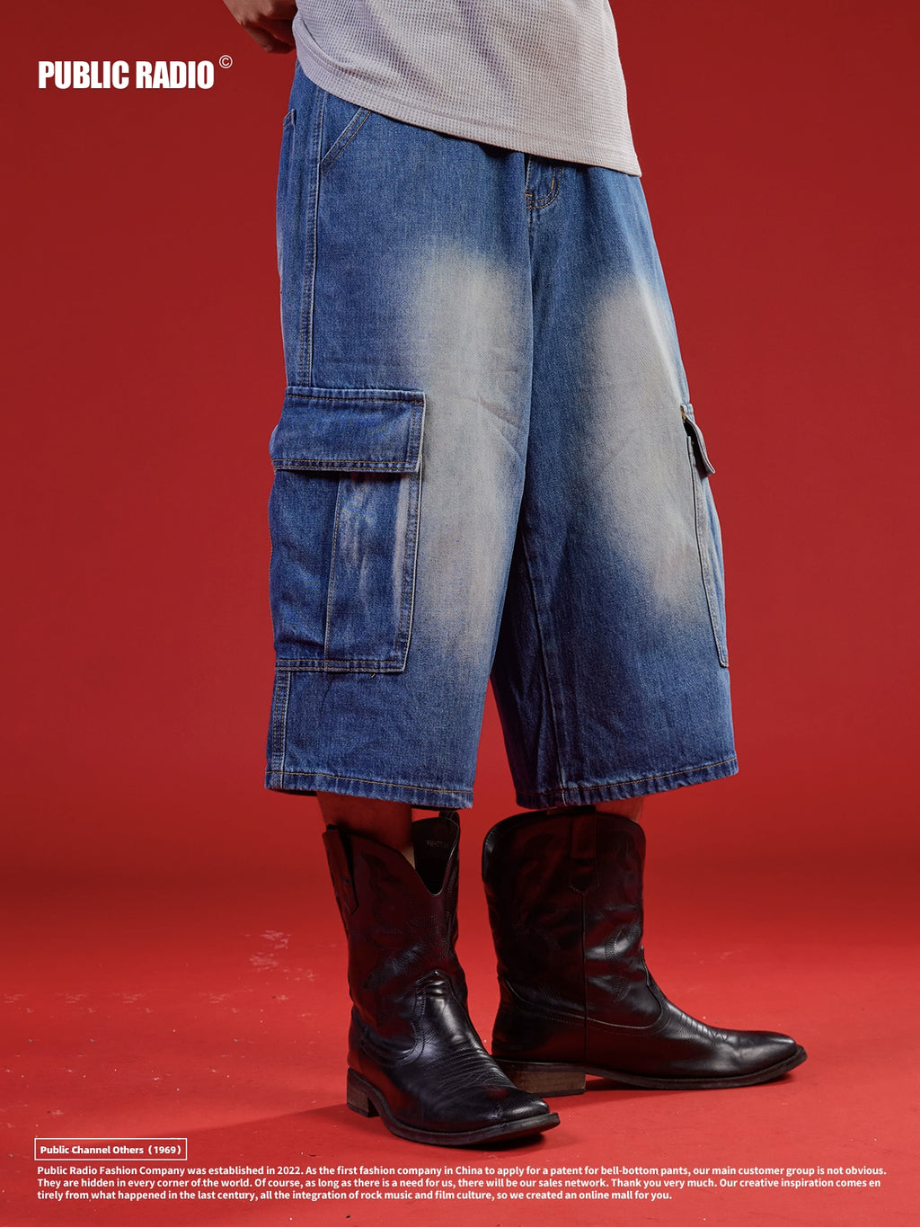 PUBLICRADIO Japanese Retro Primary Color Washed Denim Cropped Pants