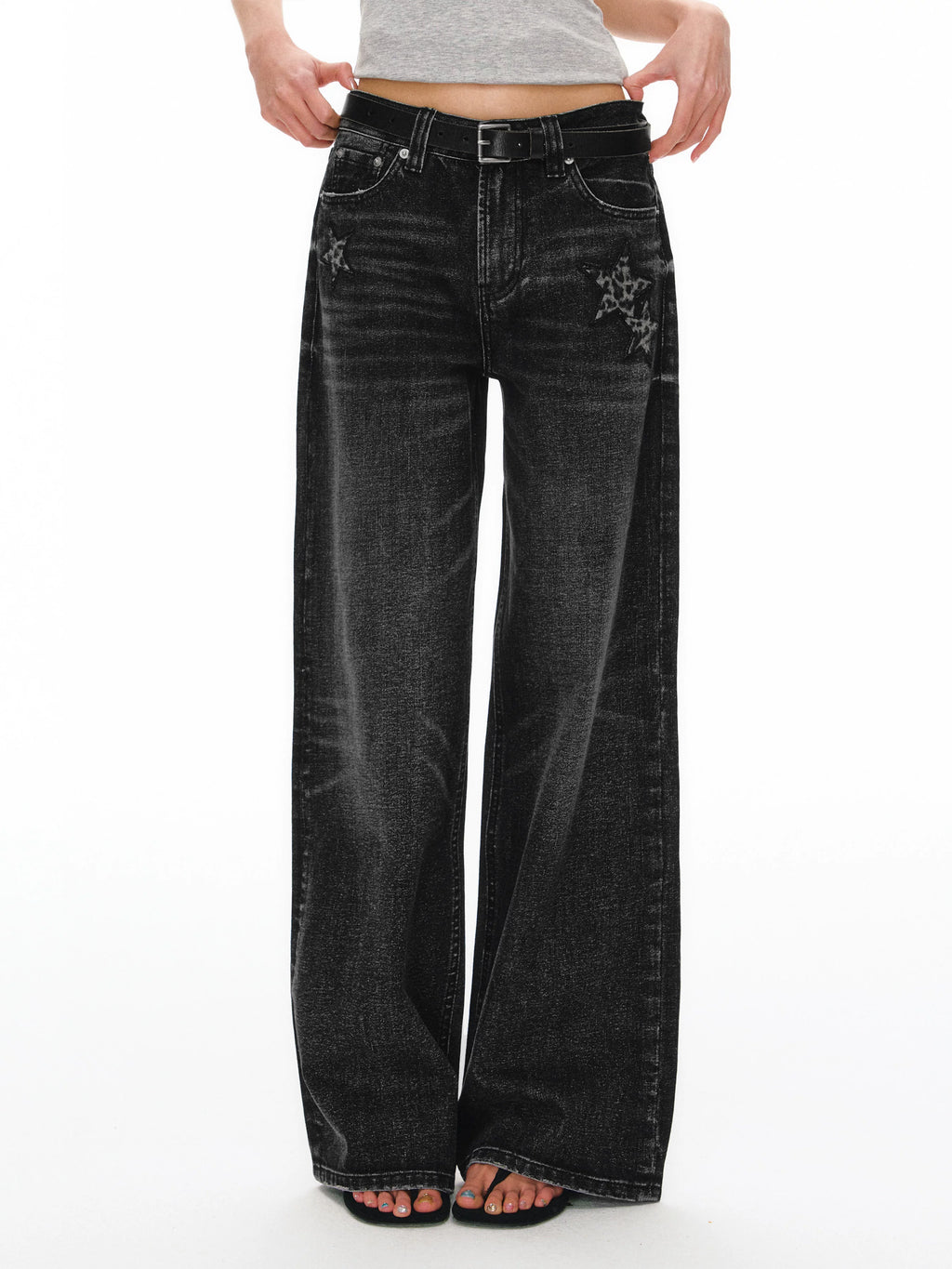 Ariseism Vintage Star Embroidery Straight Wide Leg Jeans