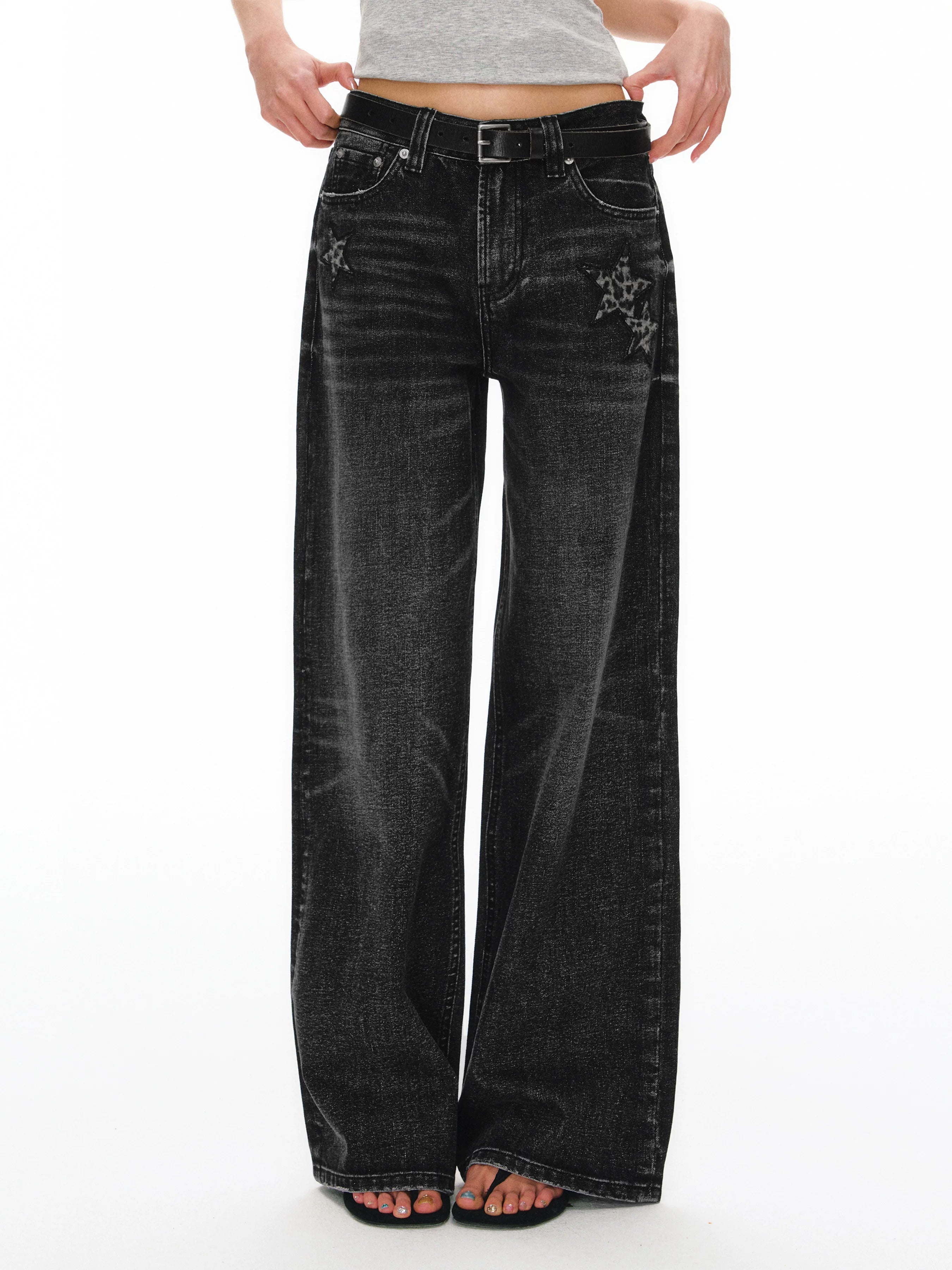 Ariseism Vintage Star Embroidery Straight Wide Leg Jeans