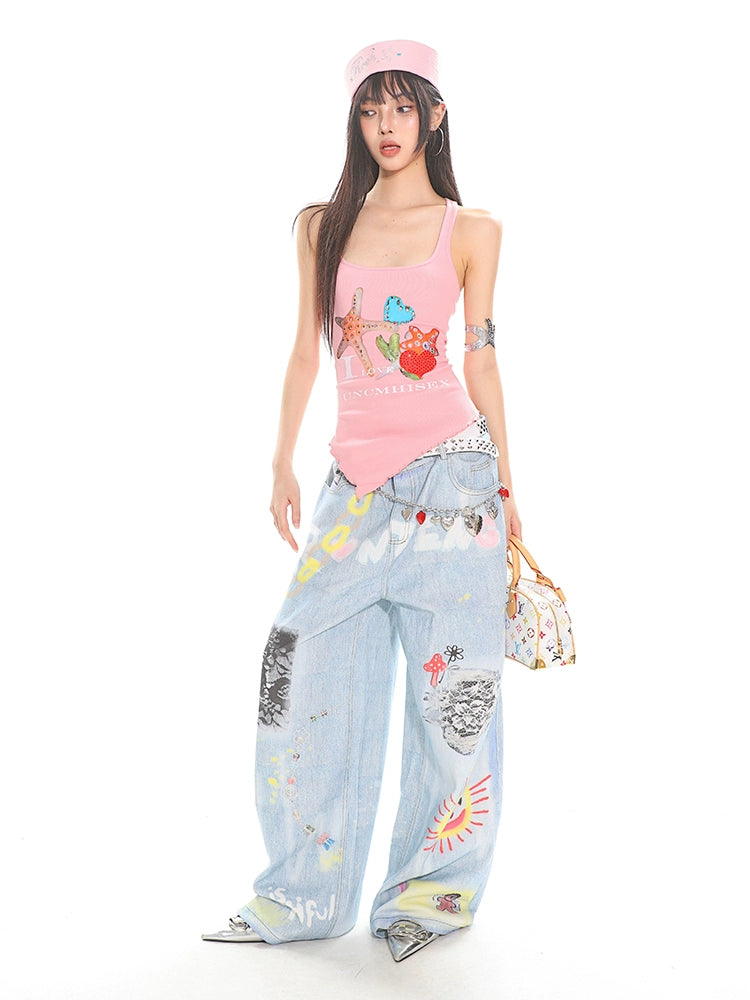 UNCMHISEX Graffiti Wide-leg Jeans