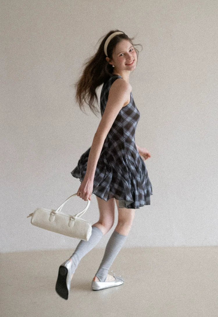 EGGKA Plaid Bow Vest Dress