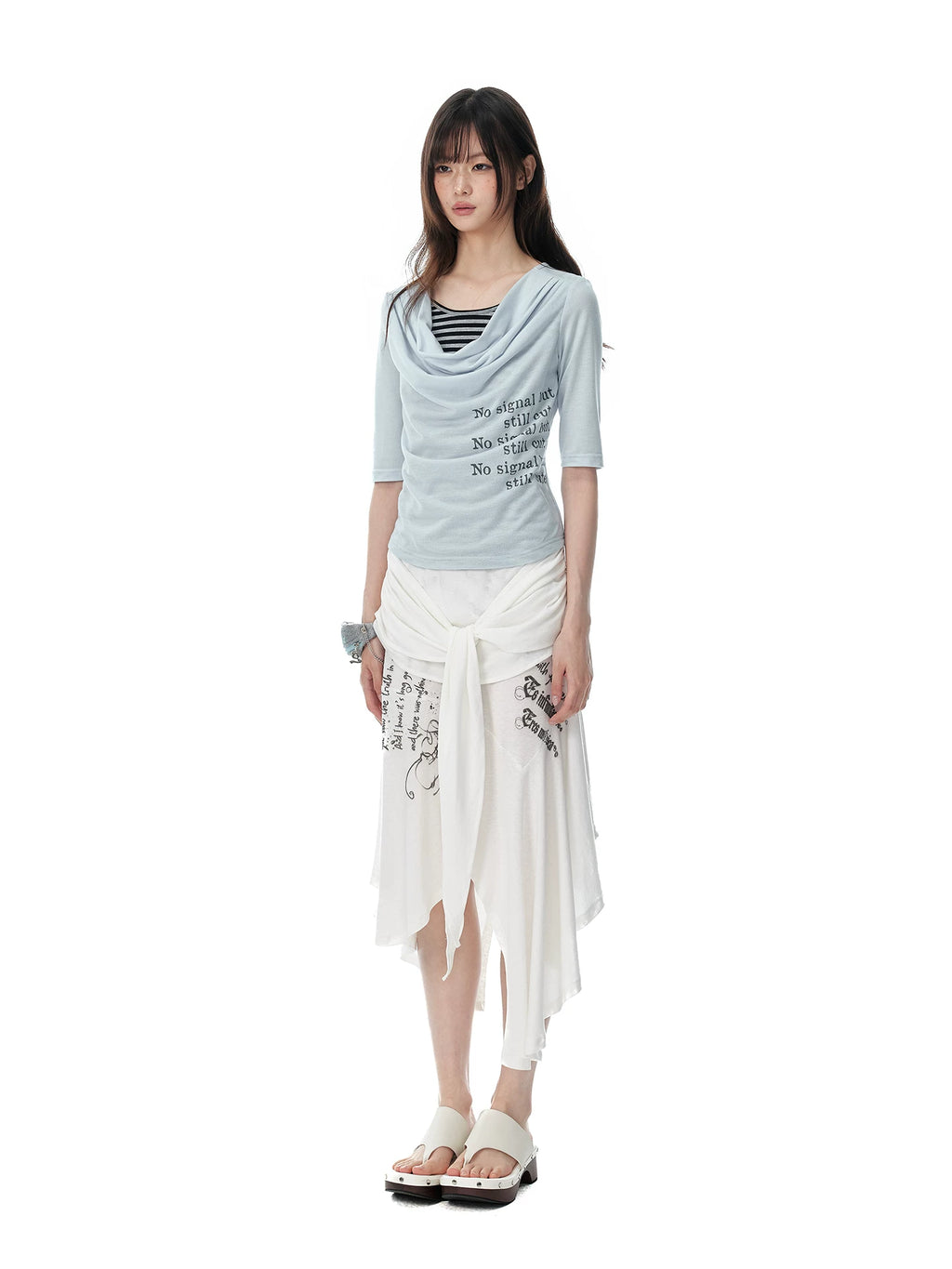 JIKOO Fake Two-piece Striped Splicing Slim Tee
