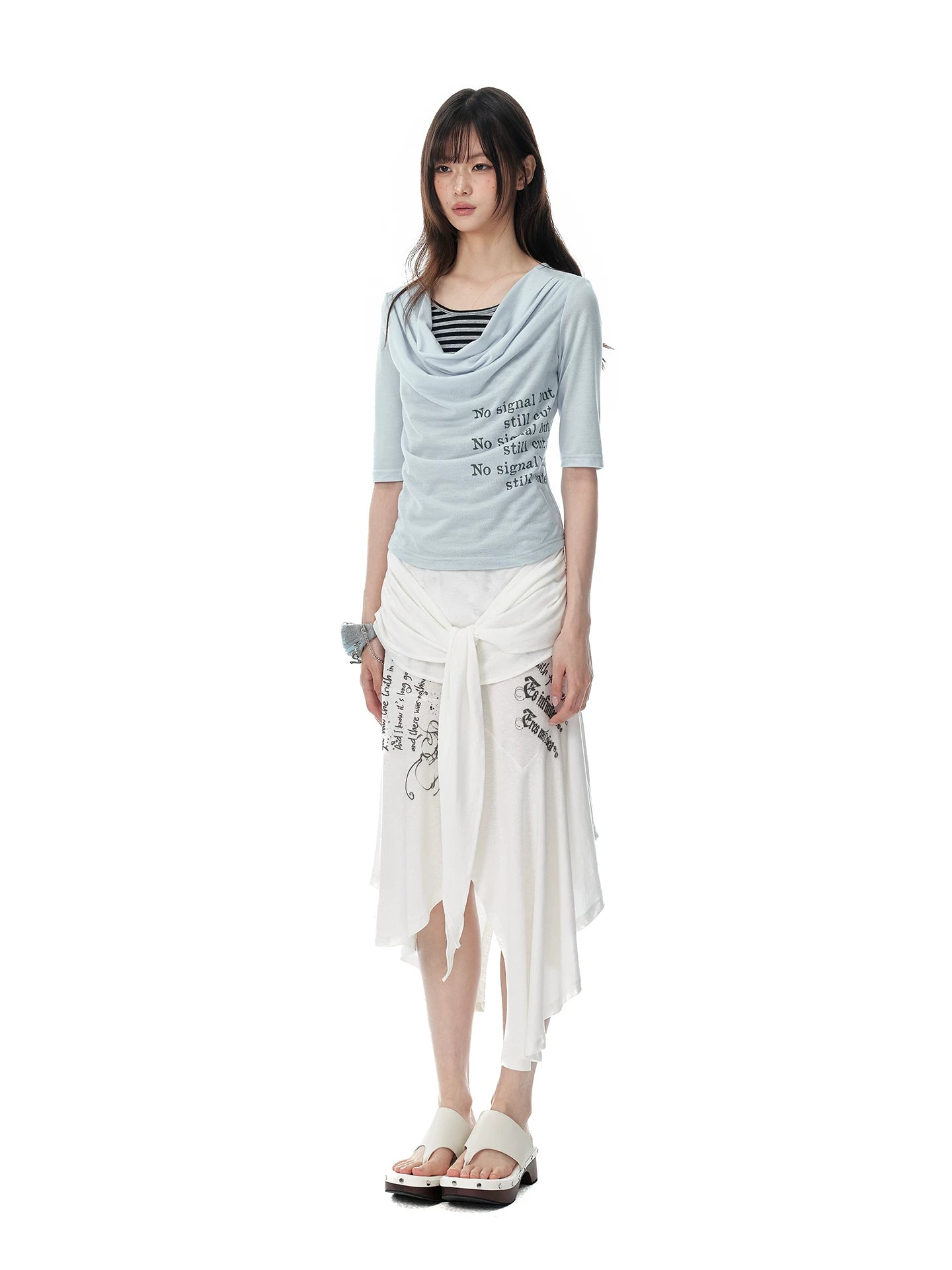 JIKOO Fake Two-piece Striped Splicing Slim Tee
