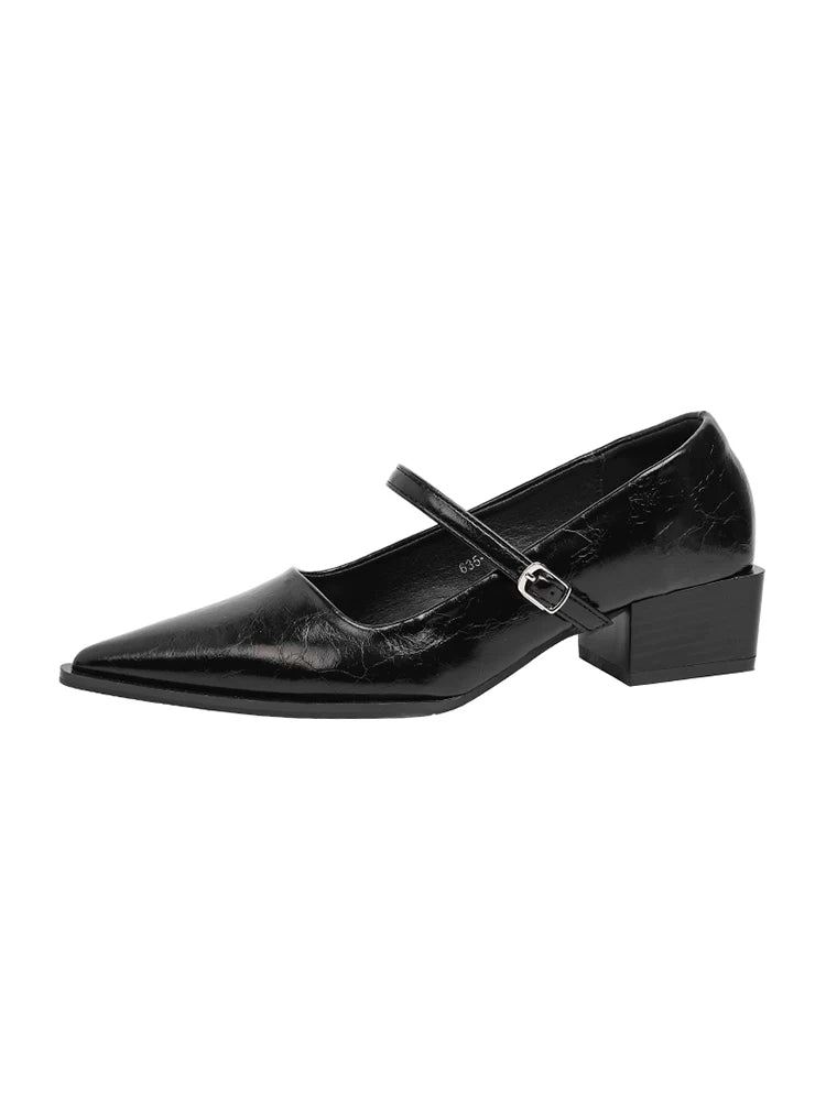 CHRNDXEE Vintage Pointed-toe Soft Leather Chunky Heel Shoes
