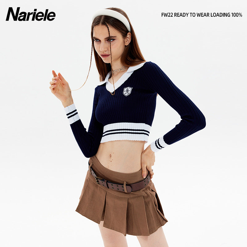 Nariele College Knitted Lapel Contrast Top