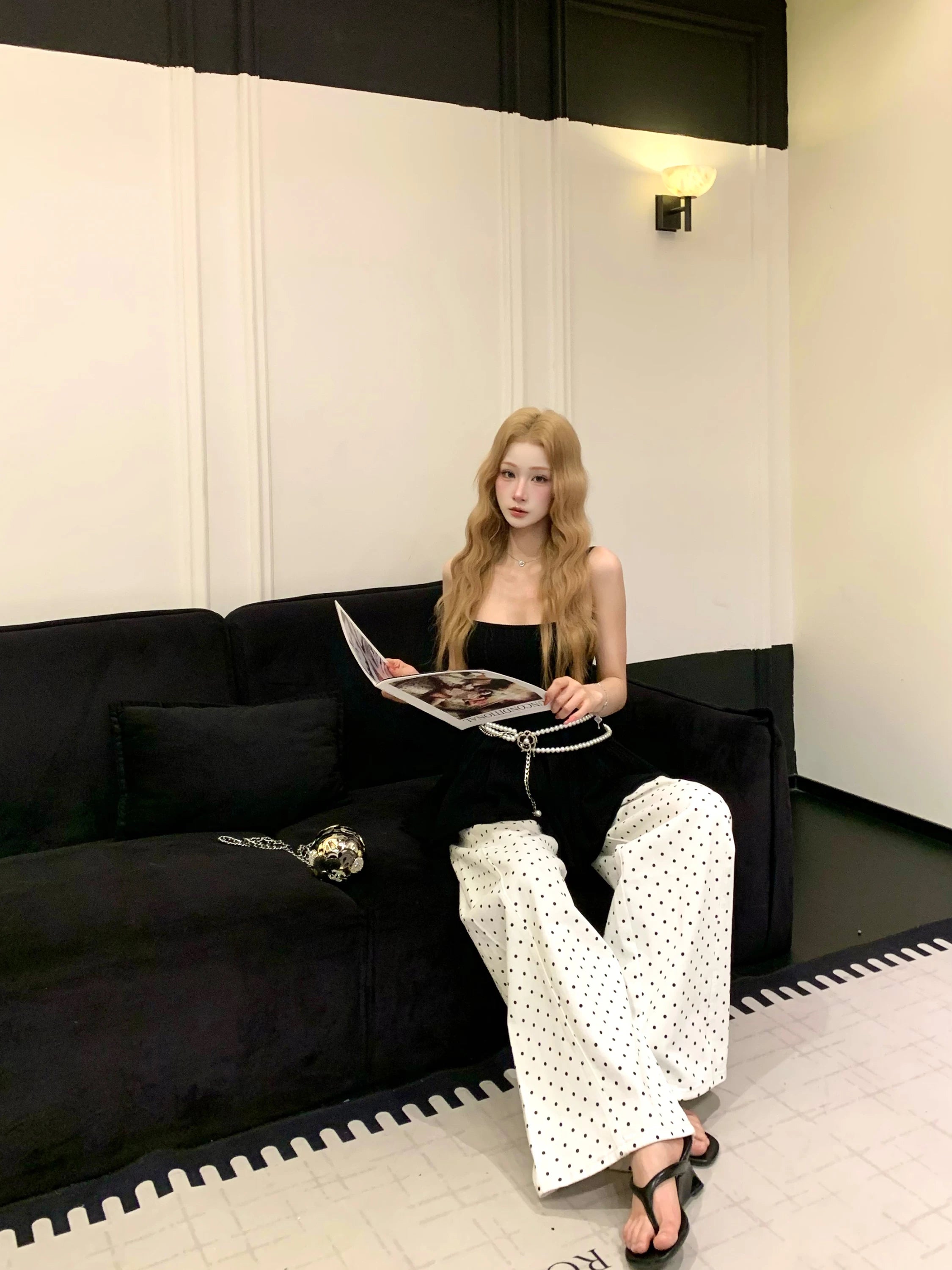 Barb Chill Suspender Top Polka Dot Wide Leg Pants Set