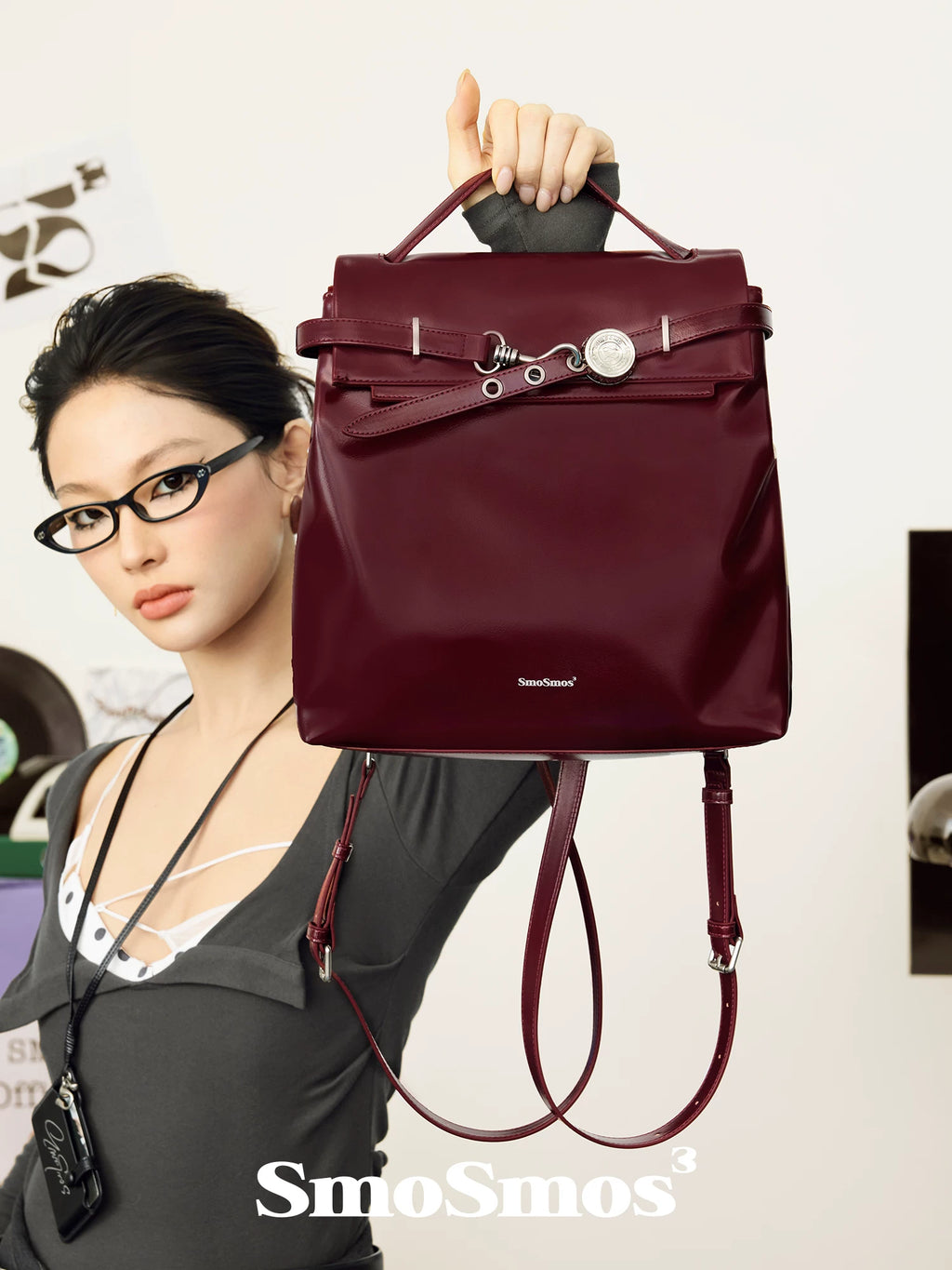 SmoSmos Red Faux Leather Magnetic Snap Backpack