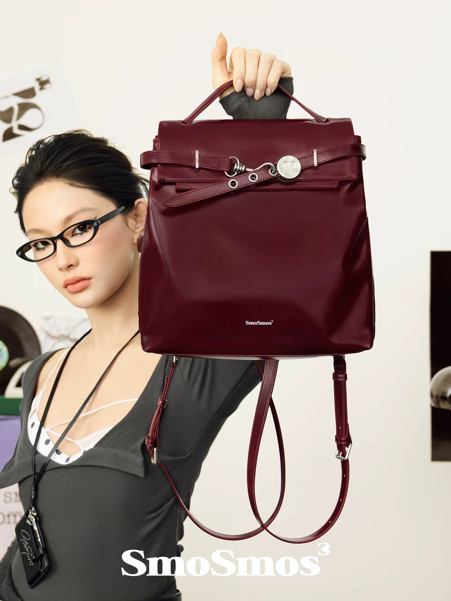 SmoSmos Red Faux Leather Magnetic Snap Backpack