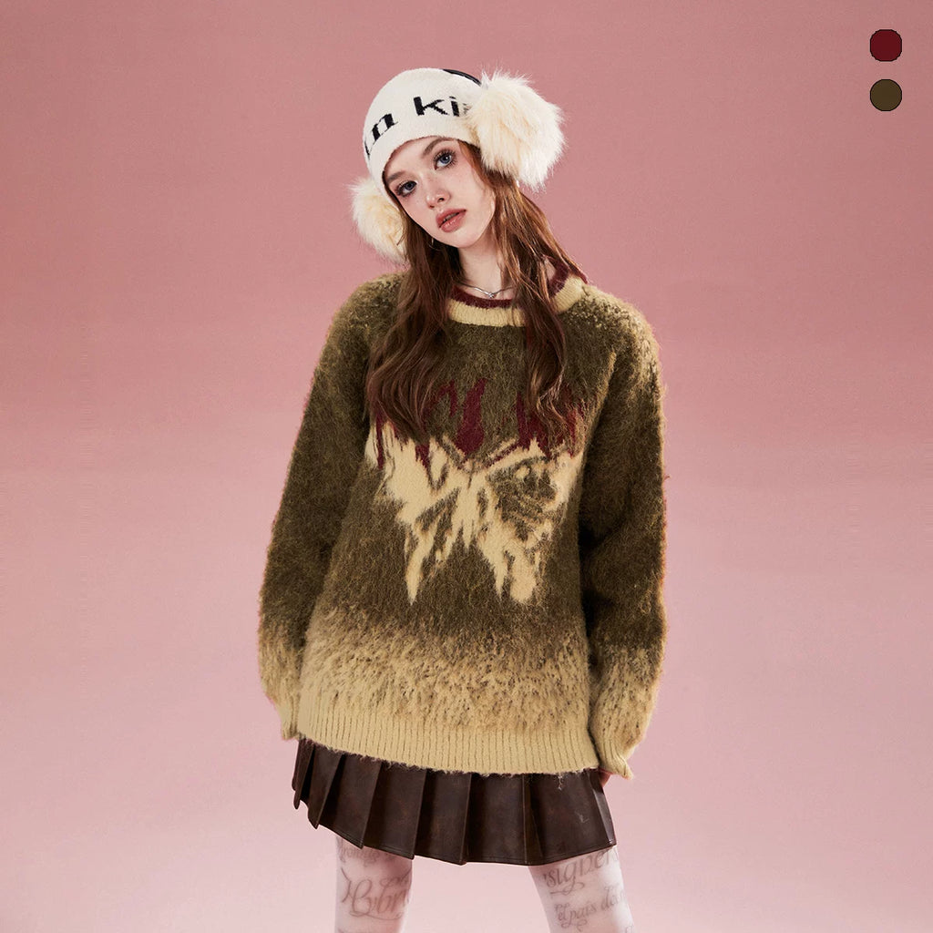 Imone Retro Gradual Change Splash Ink Butterfly Jacquard Sweater