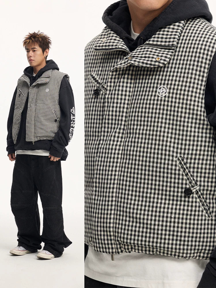 CoosRetro Plaid Logo Embroidery Casual Loose Warm Vest
