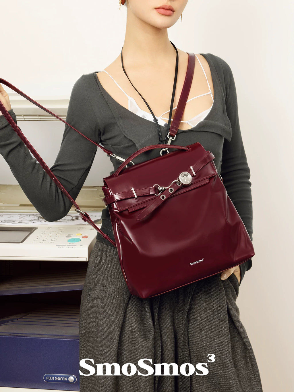SmoSmos Red Faux Leather Magnetic Snap Backpack
