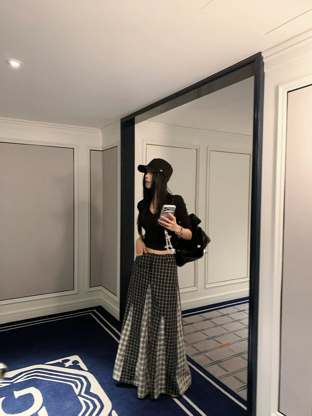 YOUNG KYLIN Retro Plaid Stitching Skirt