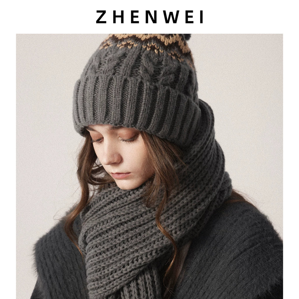 ZHENWEI Knitted Jacquard Thermal Suit Hat Scarf