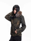Lightinus Removable Sleeve Fur Collar Two Wear Strap Waist Denim Jacket