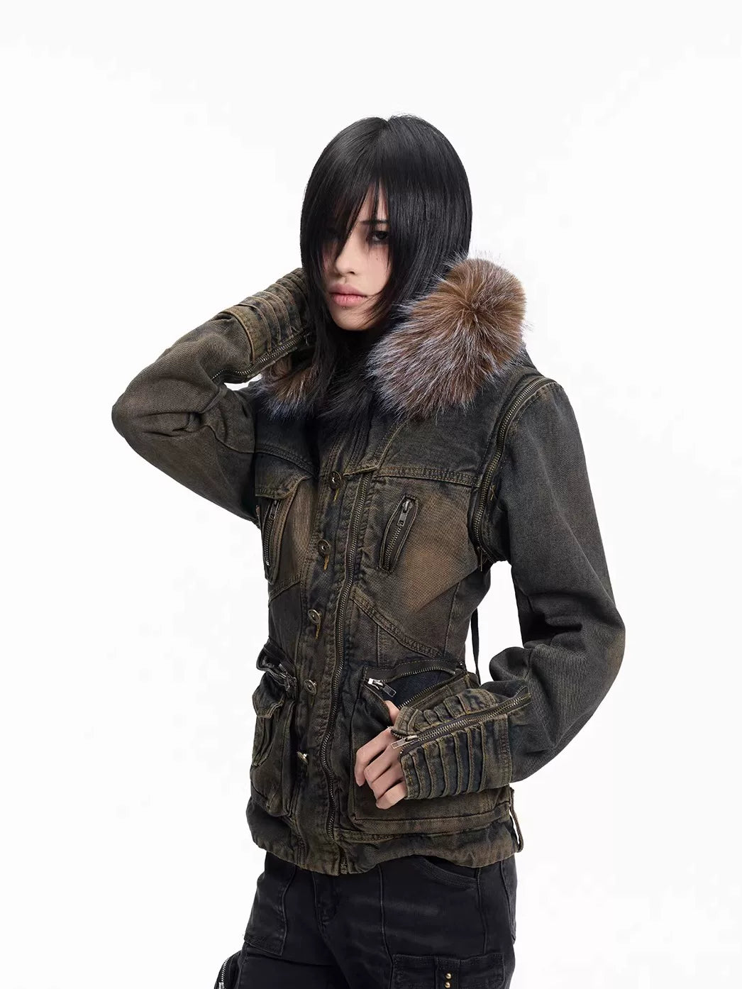 Lightinus Removable Sleeve Fur Collar Two Wear Strap Waist Denim Jacket