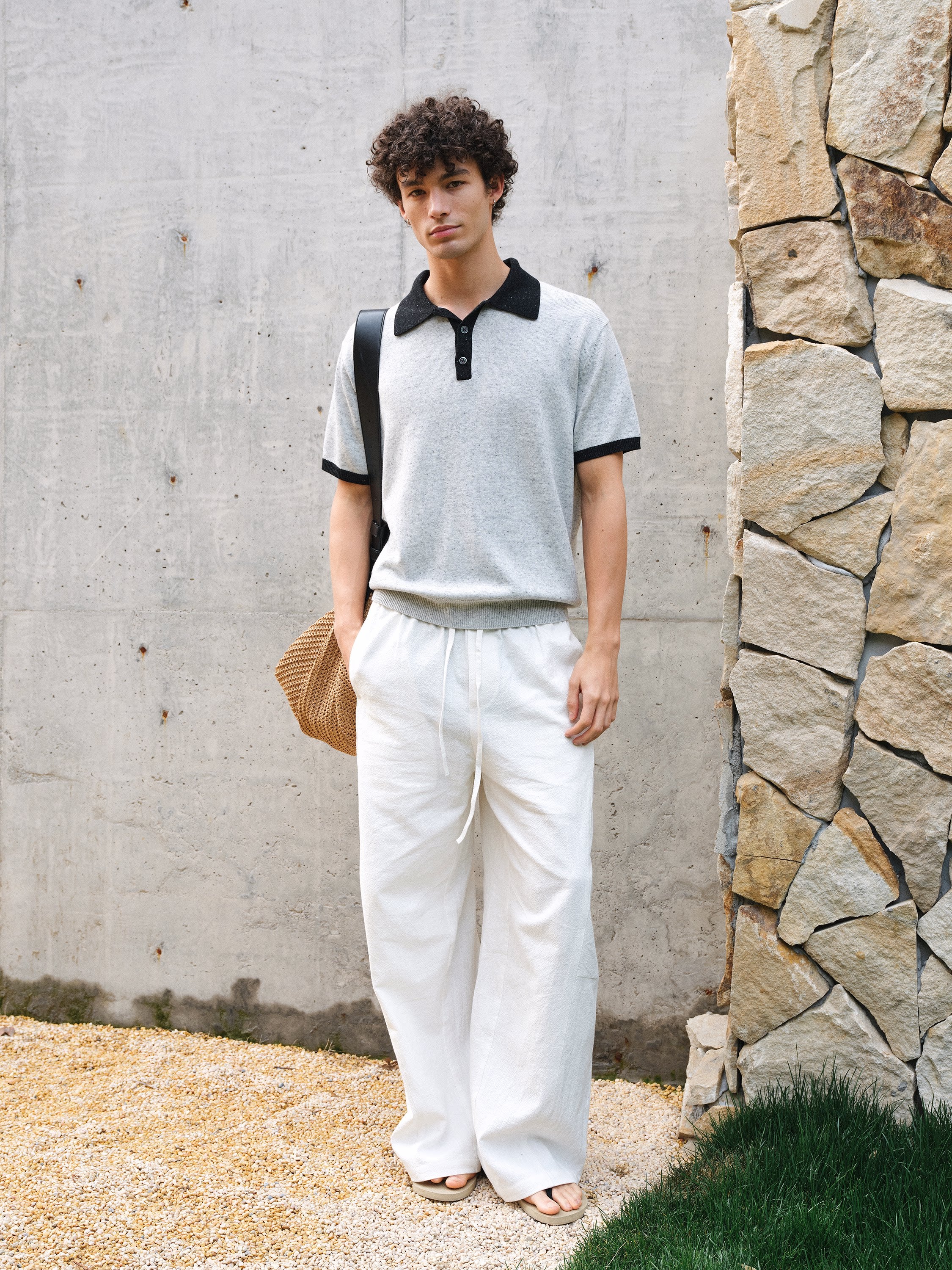 VLABMADE | Italian Old Money Contrast-Trim Polo Collar Wool-Linen Blend Knit Short Sleeve Top