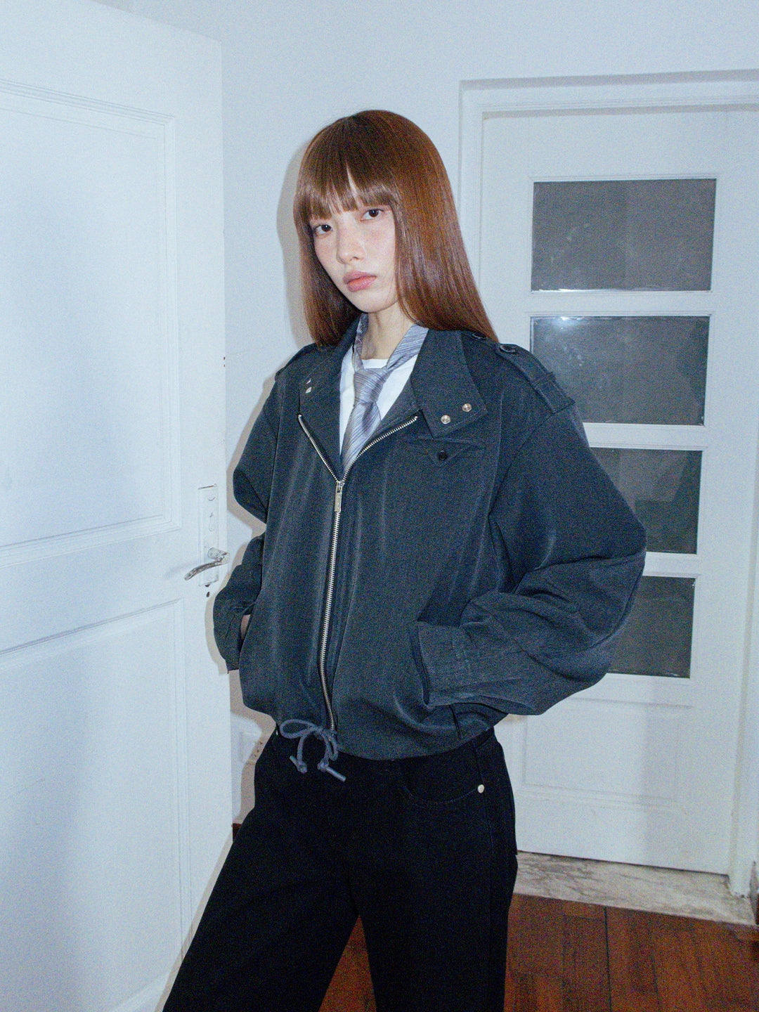 FUNKYFUN Silhouette Short Wide Drawstring Stand-up Collar Suit Jacket