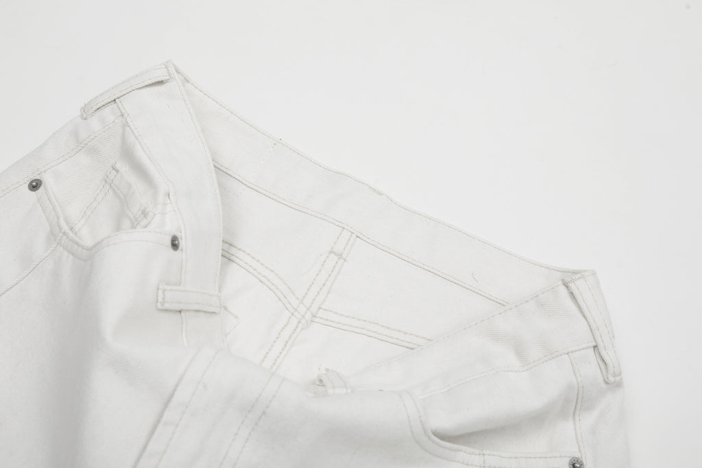 11KN 2025 high street stitching pleated white scimitar wide-leg jeans