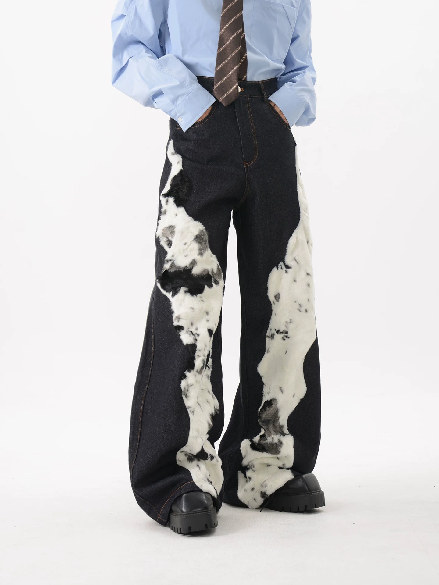 LUCE GARMENT Stitched Plush Wide-leg Jeans