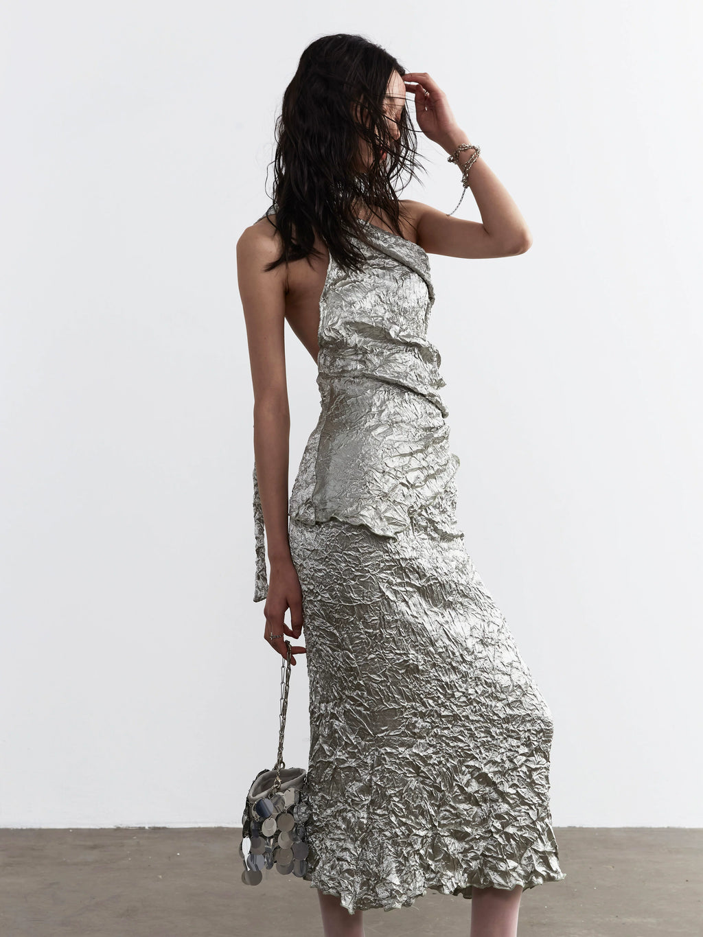JNYLON Minimalist Satin Crumpled Two-piece Dress
