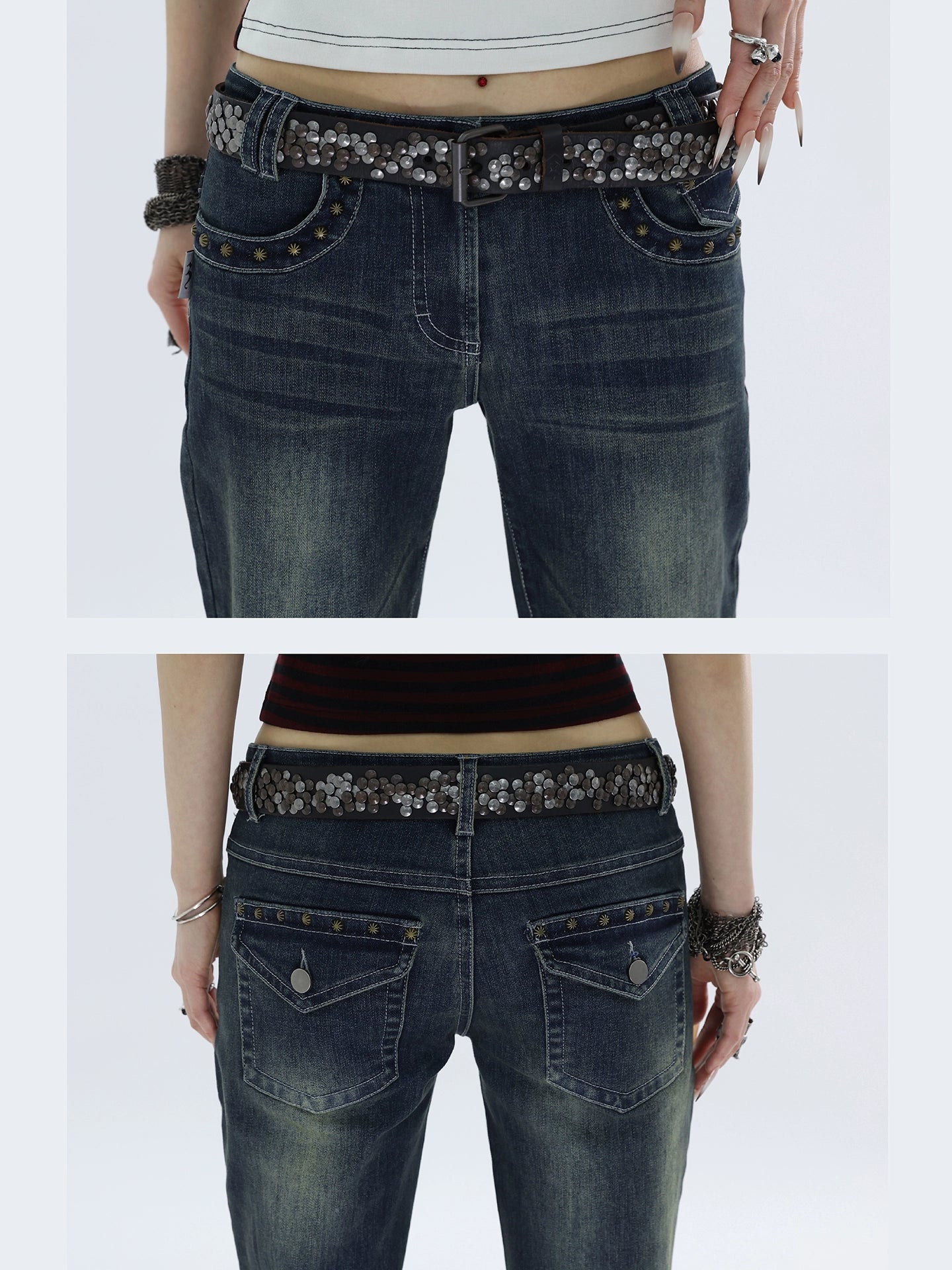 FUZZYKON Trimmed Rivet Skinny Low-rise Flared Jeans