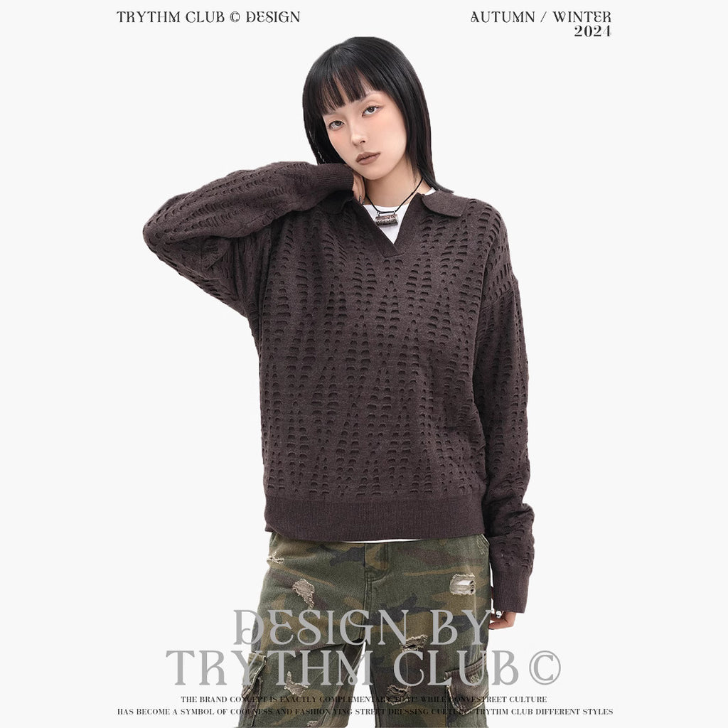 TRYTHMCLUB V-neck Lapel Ripped-knit Sweater