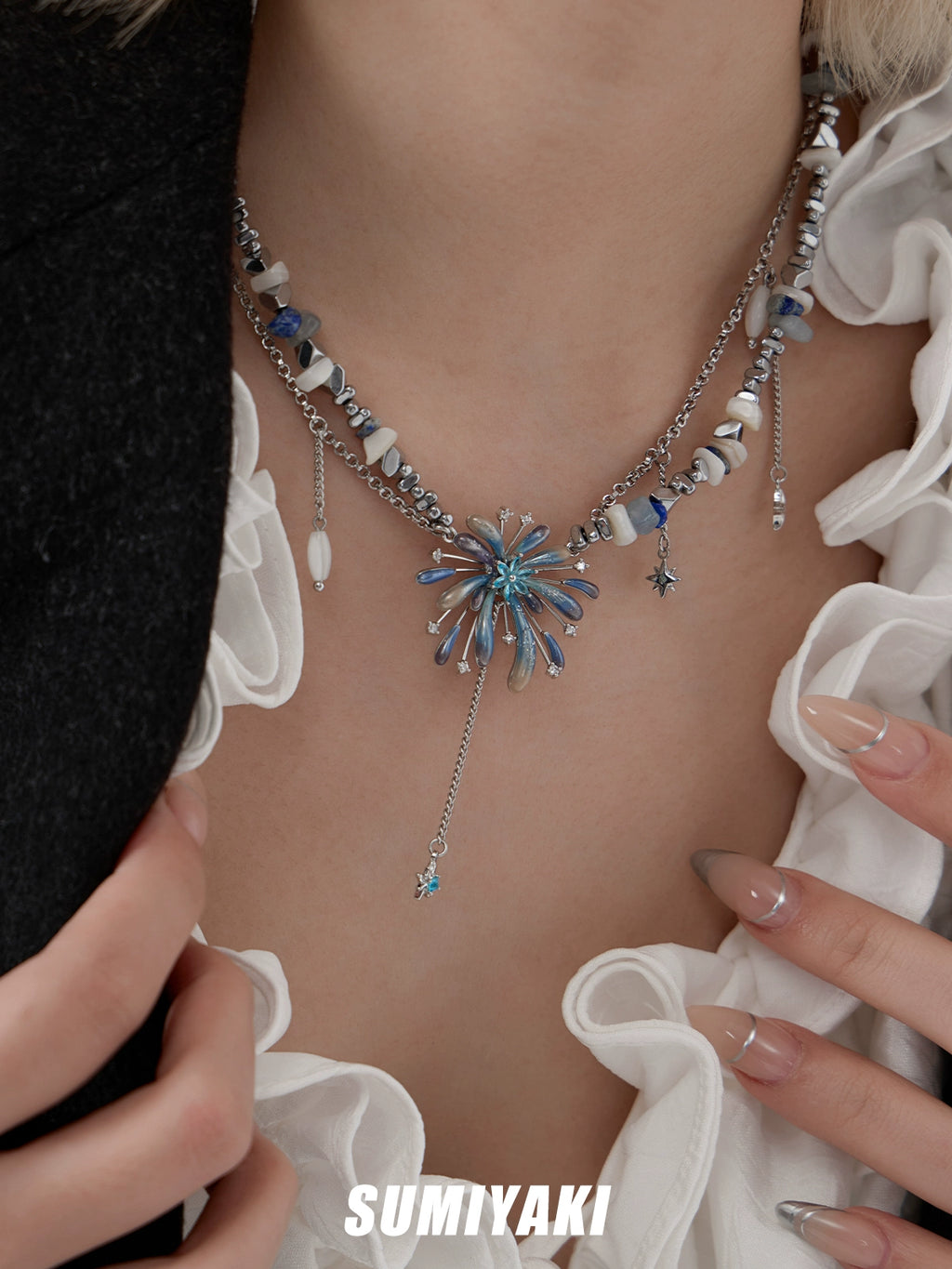SUMIYAKI Gradual Change Fireworks Beaded Fringed Necklace