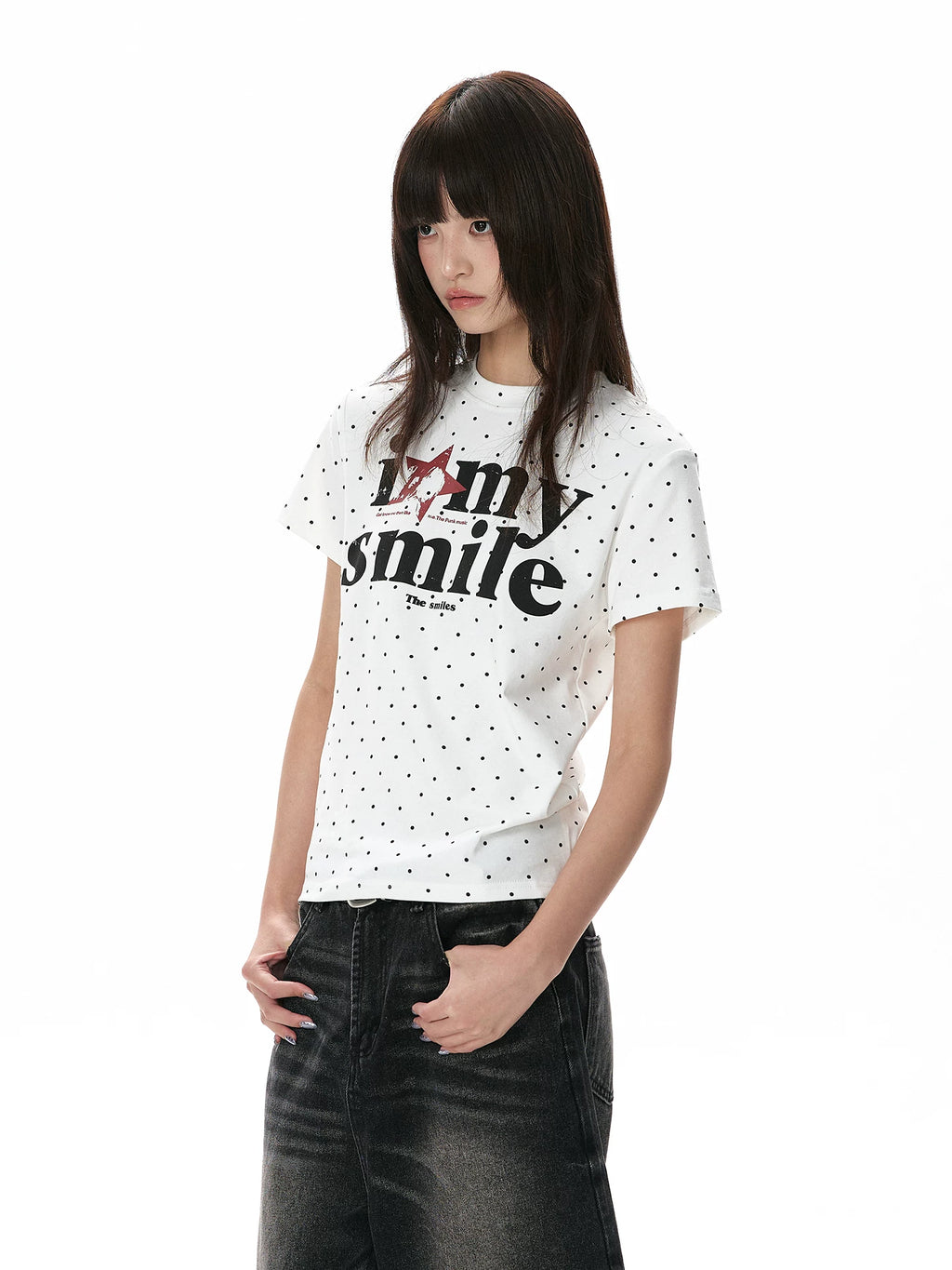 A PUEE Retro Polka Dot Round Neck Front Shoulder Slim Tee
