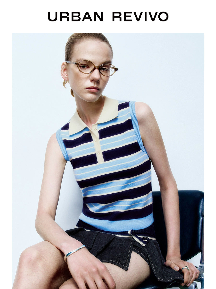 URBAN REVIVO College Contrast Striped Button Sleeveless Knitted Sweater