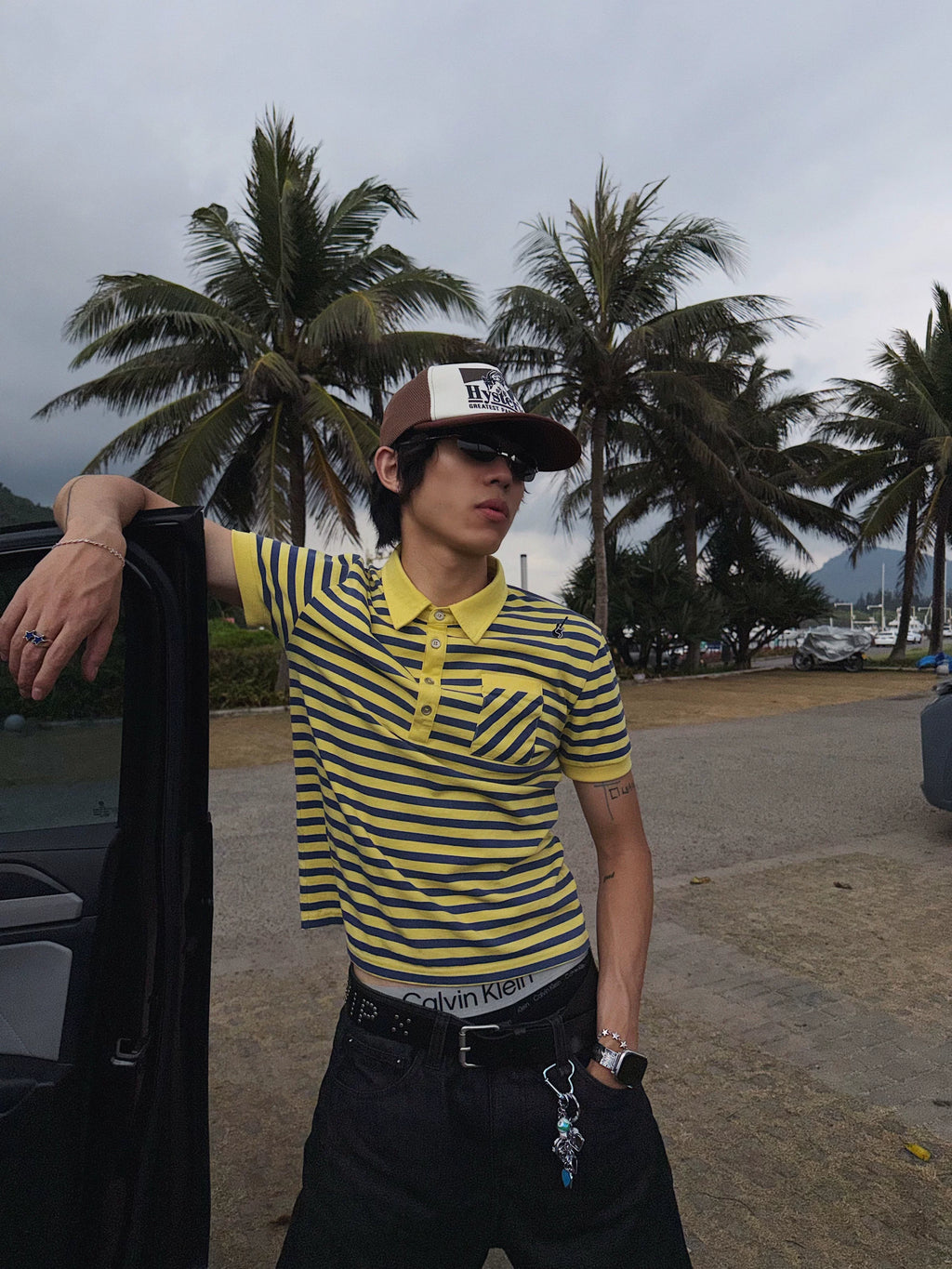 McXMCII Striped Front Shoulder Slim Polo Tee