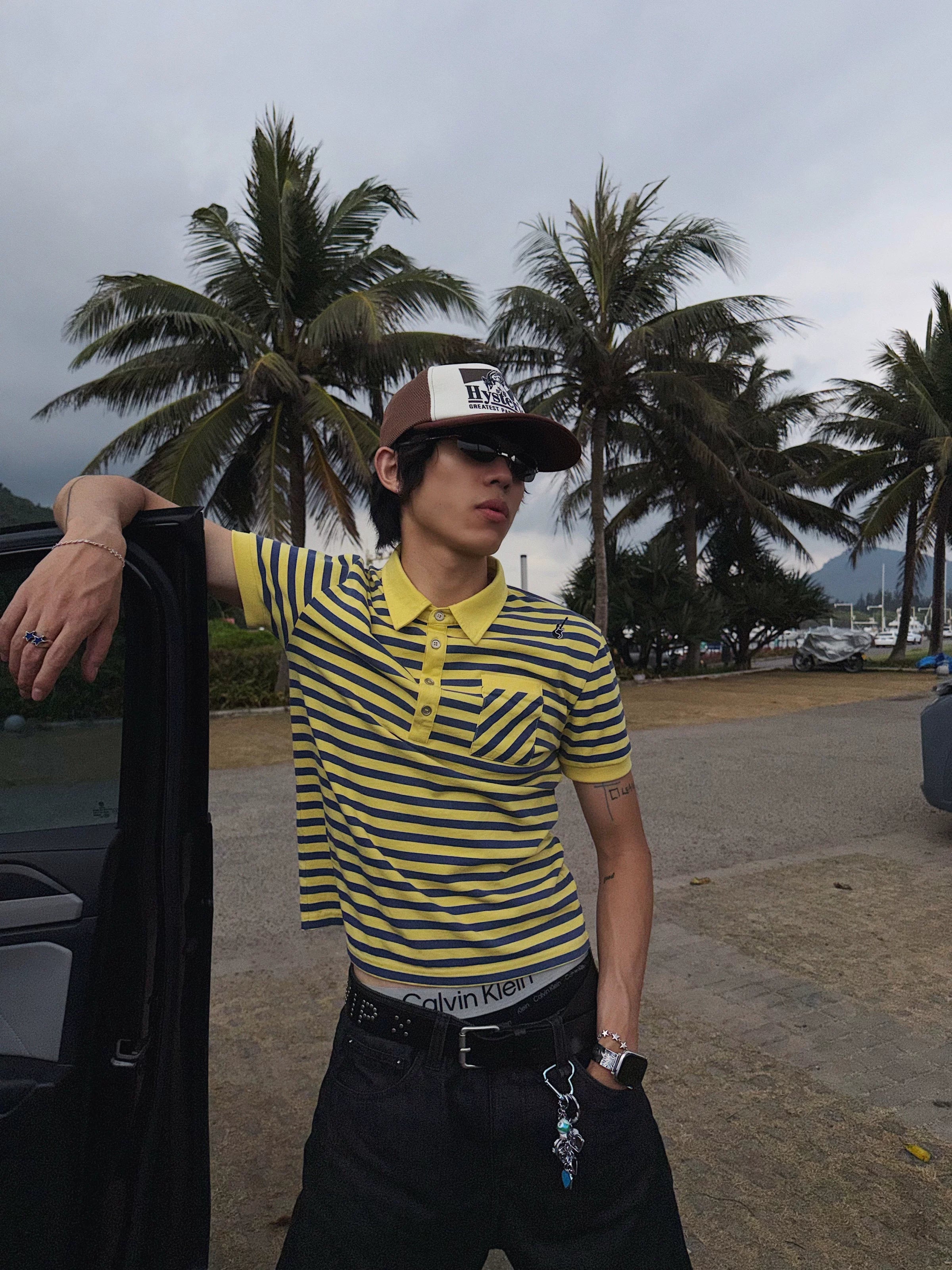 McXMCII Striped Front Shoulder Slim Polo Tee