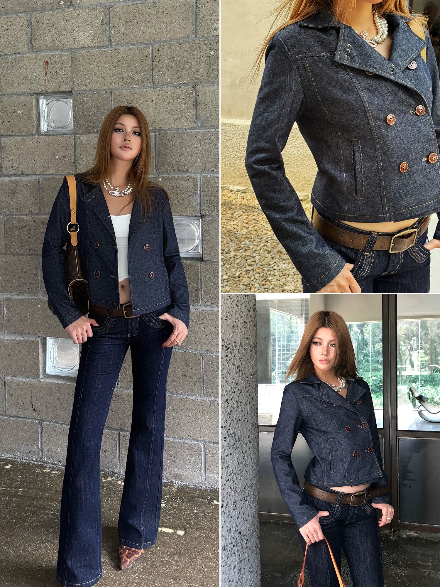 Audwyn Retro Double-breasted Lapel Short Slim Imitation Denim Jacket