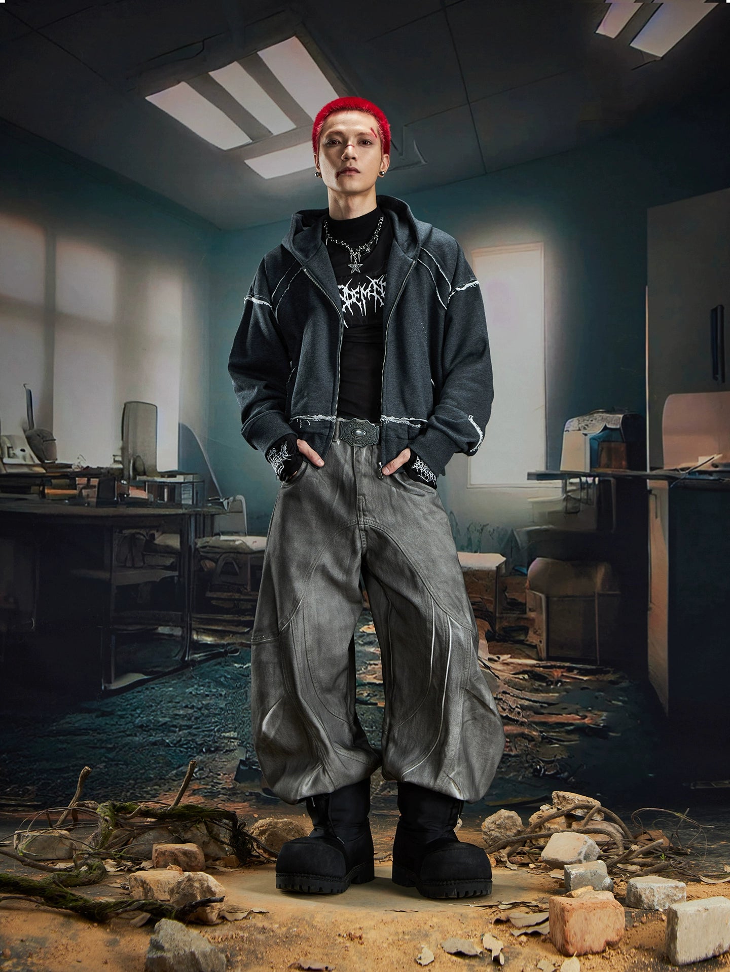 NOMANIAI Rough Edge Fringed Splicing Short Hooded Sweater