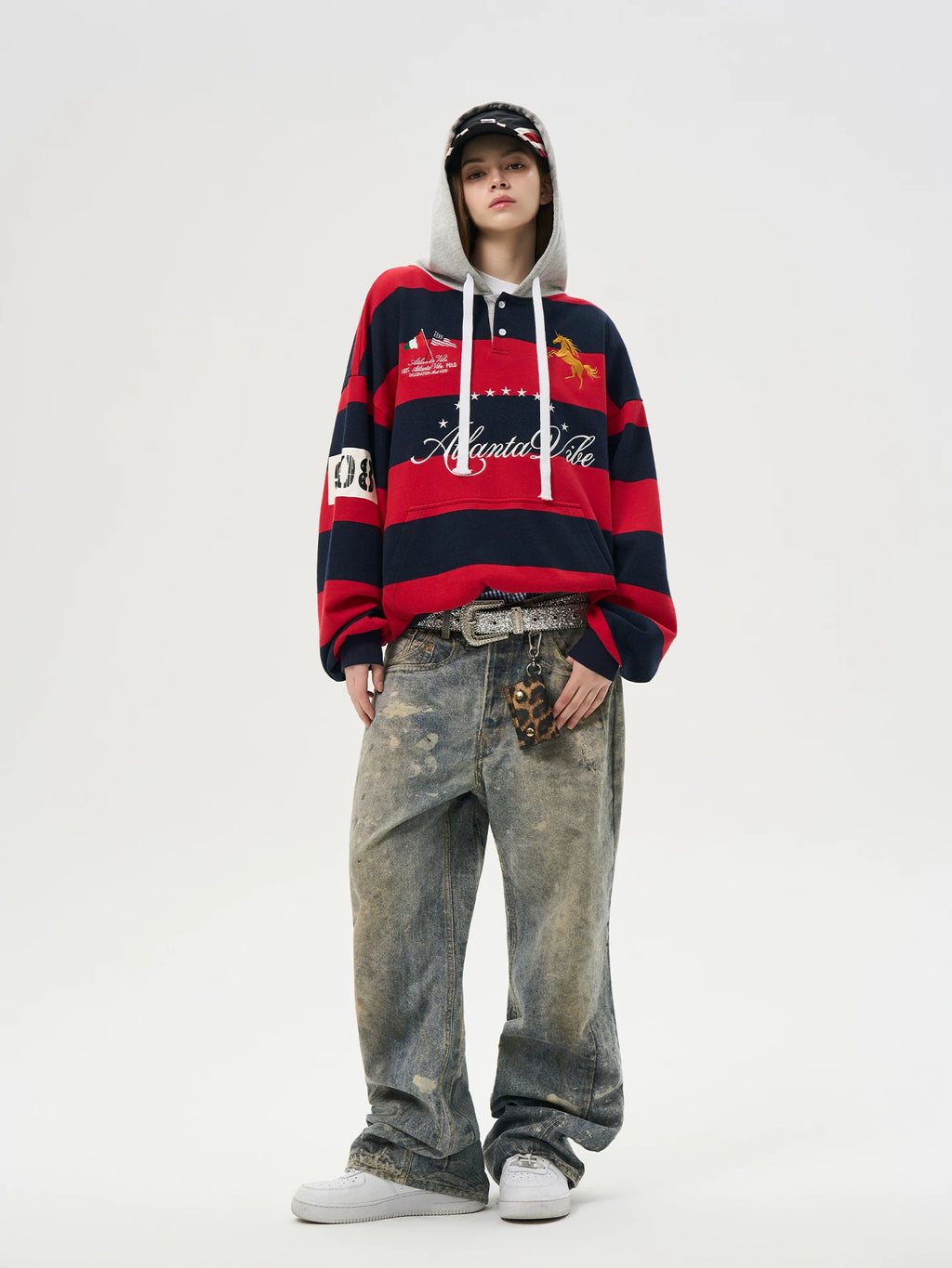 HACR Striped Stitched Embroidered Hooded Sweater