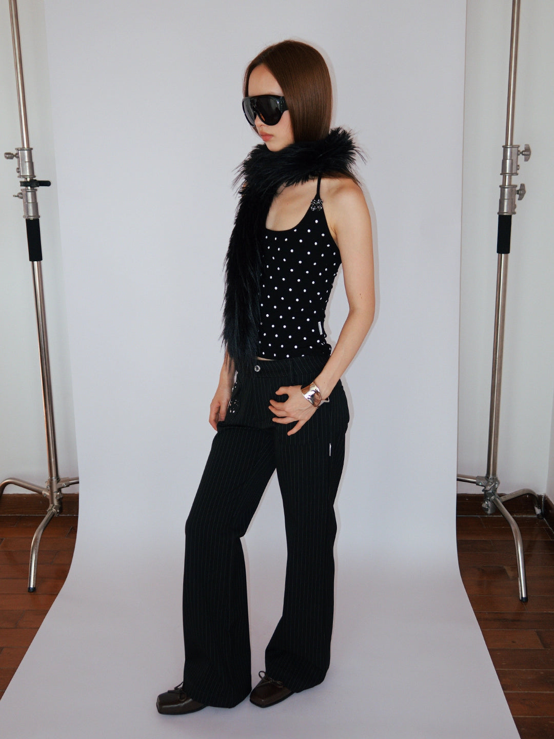 FUNKYFUN Medium and Low Waist Hot-drilled Pinstriped Flared Pants