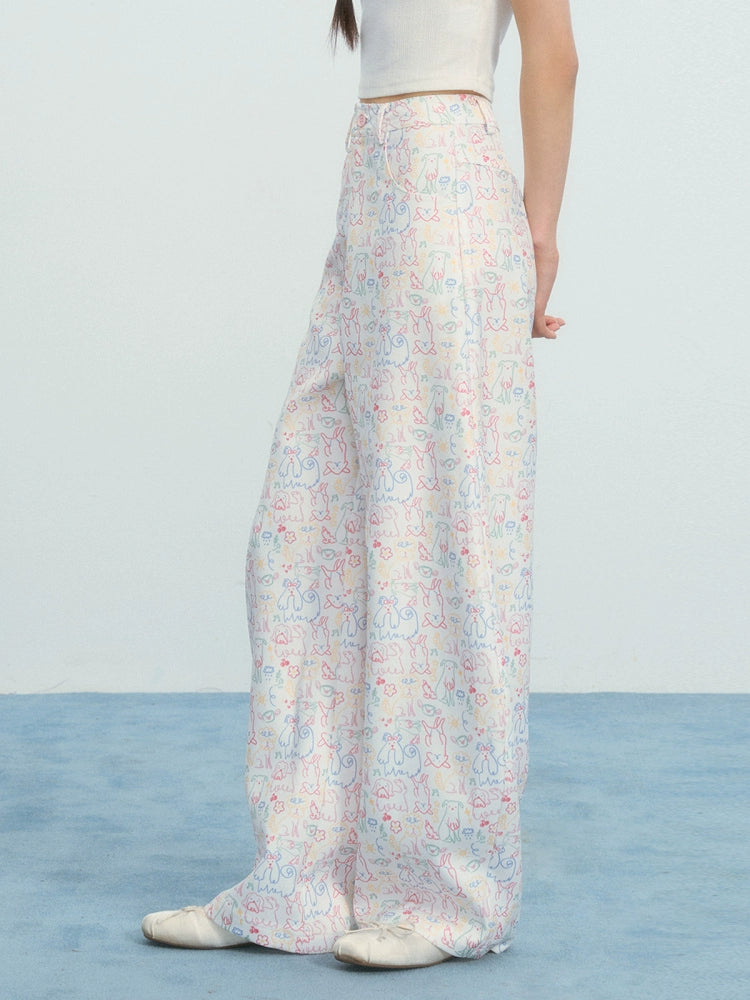 Umoumo Loose Color Puppy Graffiti Printed Casual Pants