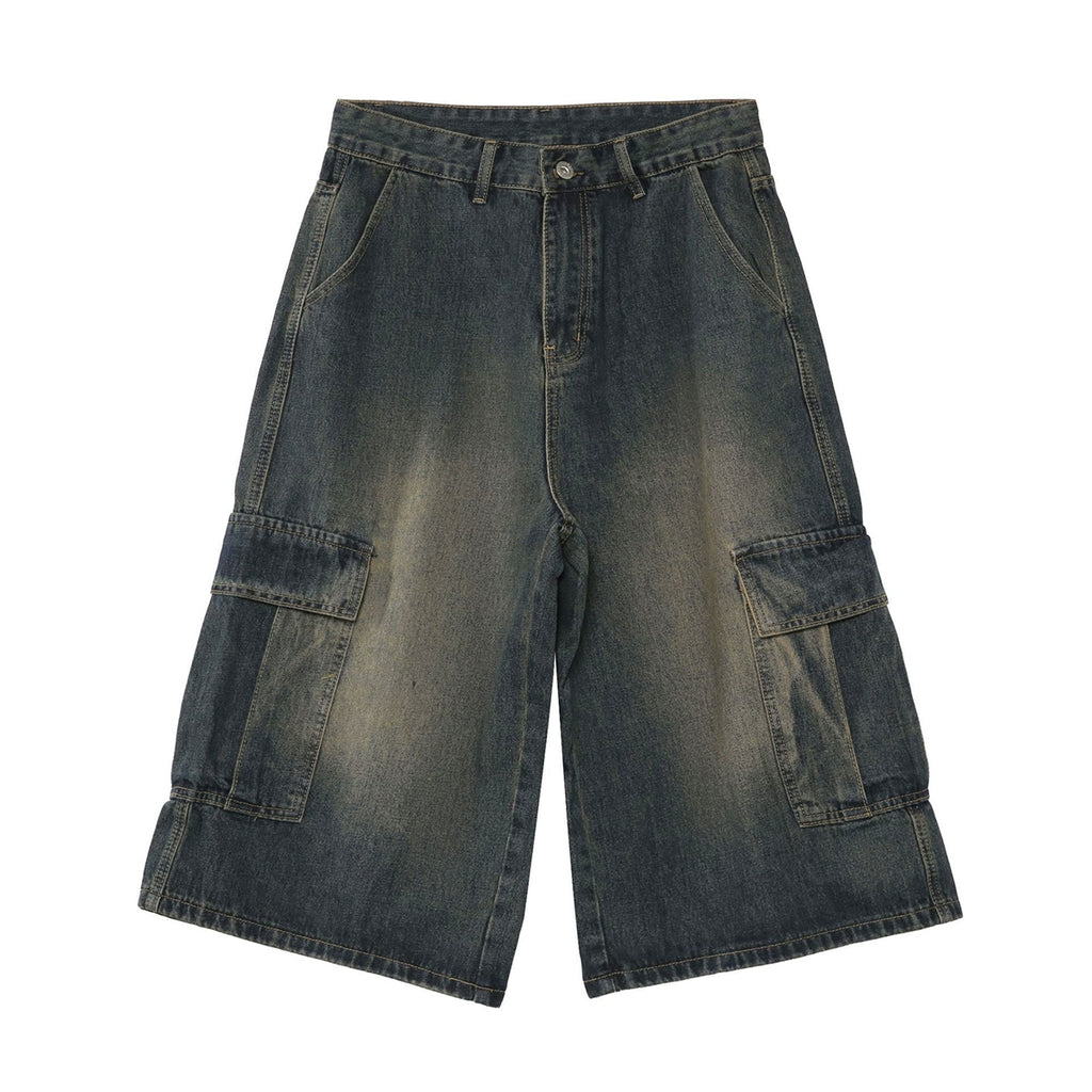 PUBLICRADIO Japanese Retro Primary Color Washed Denim Cropped Pants