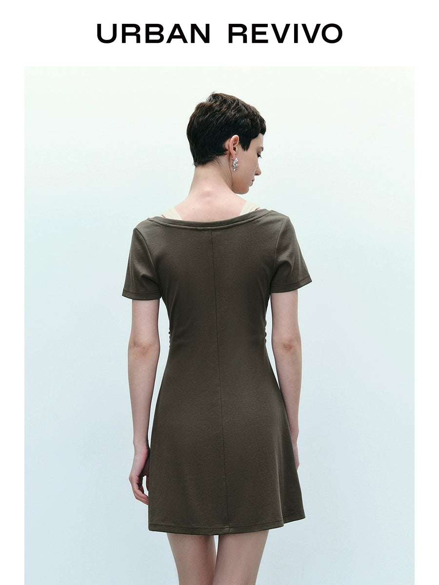 URBAN REVIVO Contrasting Splicing Fake Two-piece Pleated Short-sleeved Dress