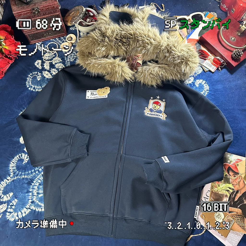 ALOHA Removable Fur Collar Bear-eared Hooded Fleece Sweater