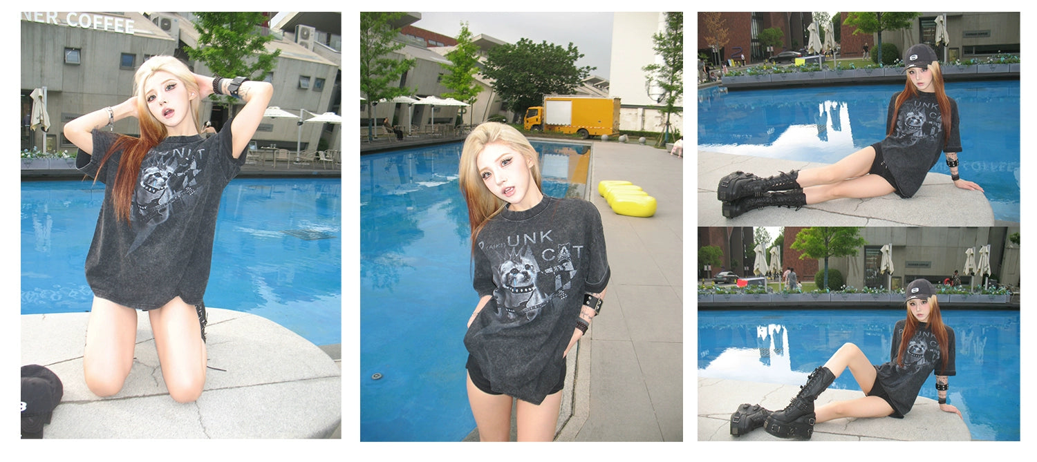 PAIKI2025SS Punk Rock Kitty Animal Print Tee
