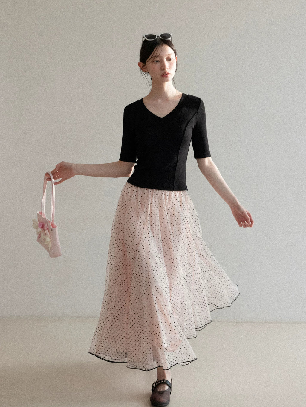 Cantonstory Polka Dot Gauze Skirt High Waist Skirt