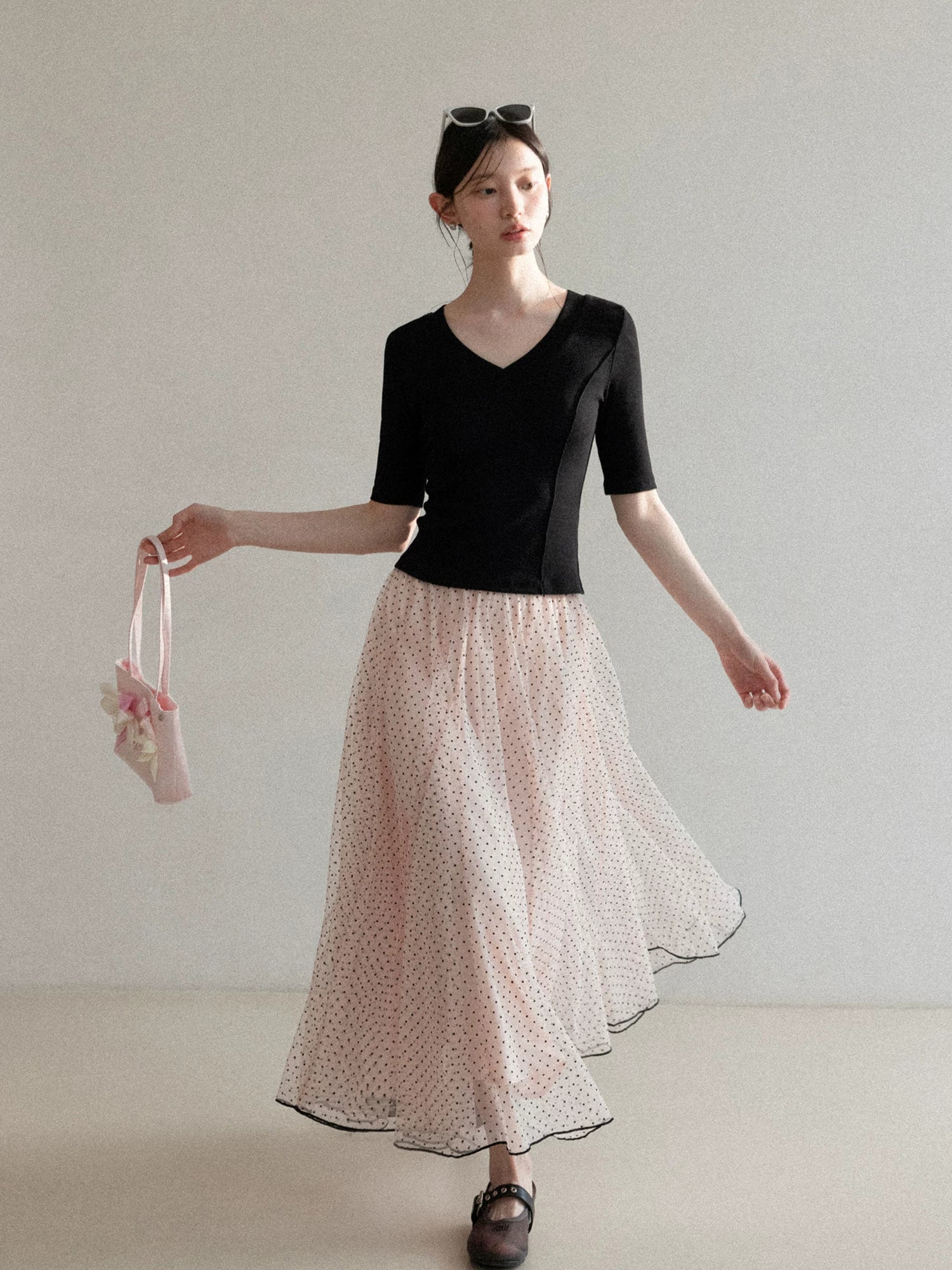 Cantonstory Polka Dot Gauze Skirt High Waist Skirt