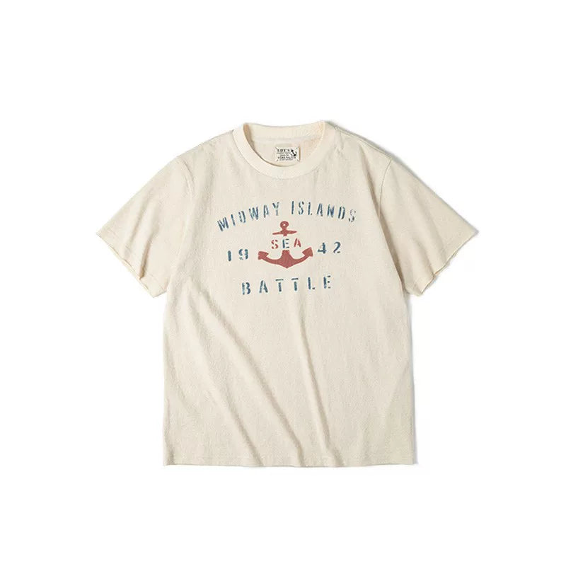 Maden Vintage Anchor Print Letter Crew Neck Tee