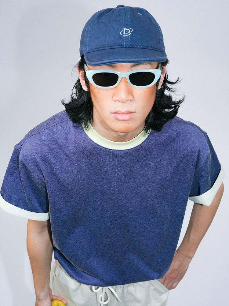 O3PARK Vintage Loose Versatile Contrast Colour Collar Roll Sleeve Tee