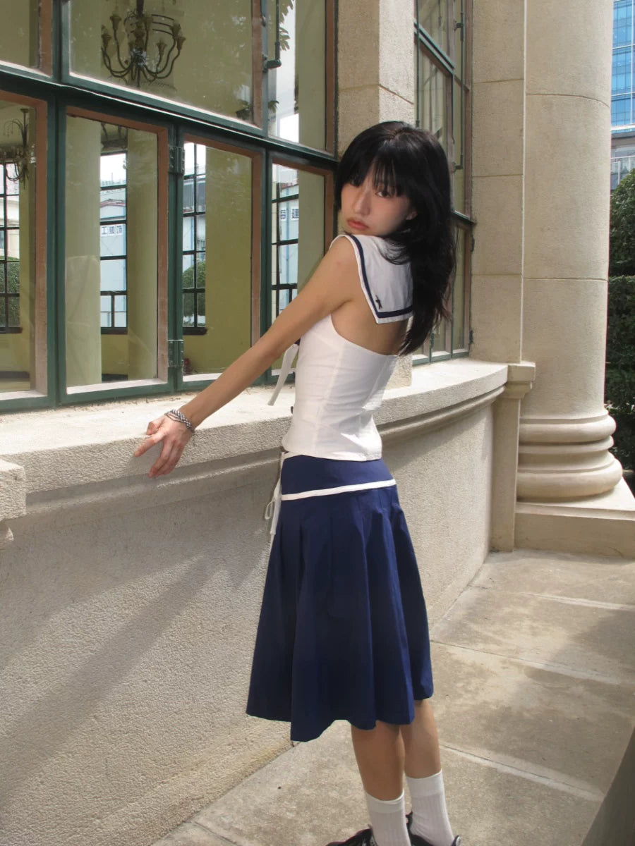 Enteralt Waist Vest Lace-up Pleated Skirt Set